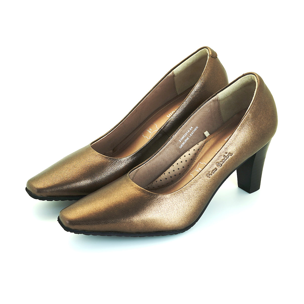 ស្បែកជើងកែងជើងនារី Pierre Cardin ទន់ស្រួលពាក់ ផលិតពីស្បែកសុទ្ធ សំរិទ្ធមាស ទំហំ 23WD314