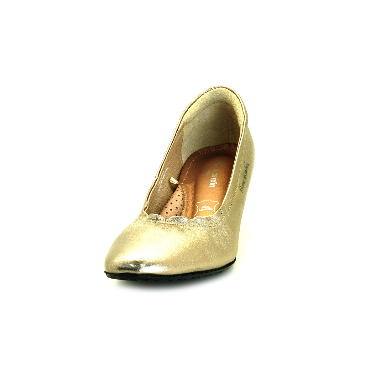 ស្បែកជើងនារី Pierre Cardin កែងជើងខ្ពស់បូមទឹក ទន់ស្រួលពាក់ ផលិតពីស្បែកសុទ្ធ ខ្មៅរលោង ម៉ូដែល 24SD323