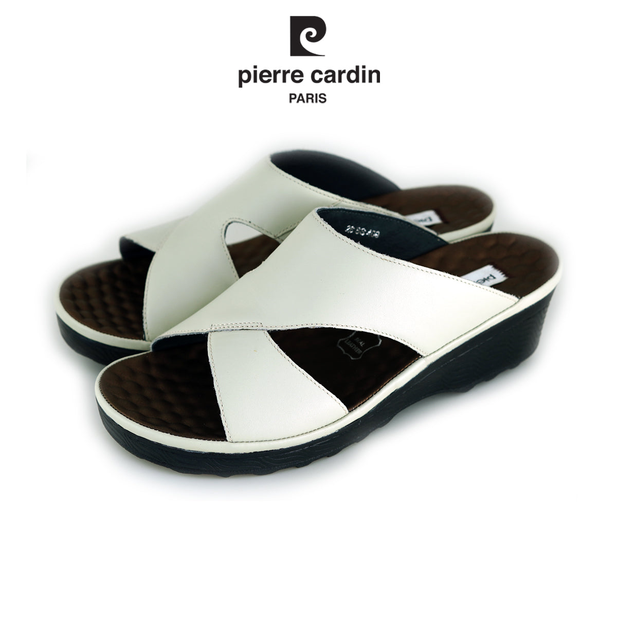 ស្បែកជើងនារី Pierre Cardin ស្បែកសុទ្ធ ទន់ស្រួលពាក់ មានខ្សែរ ពណ៌ស ម៉ូដែល 26SS409