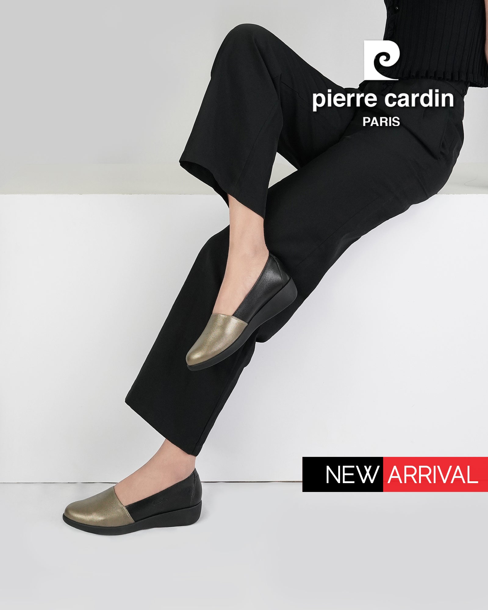 ស្បែកជើងសំប៉ែតនារី Pierre Cardin ទន់ស្រួលពាក់ ផលិតពីស្បែកសុទ្ធ ពណ៌ខ្មៅ ម៉ូដែល 27WC455