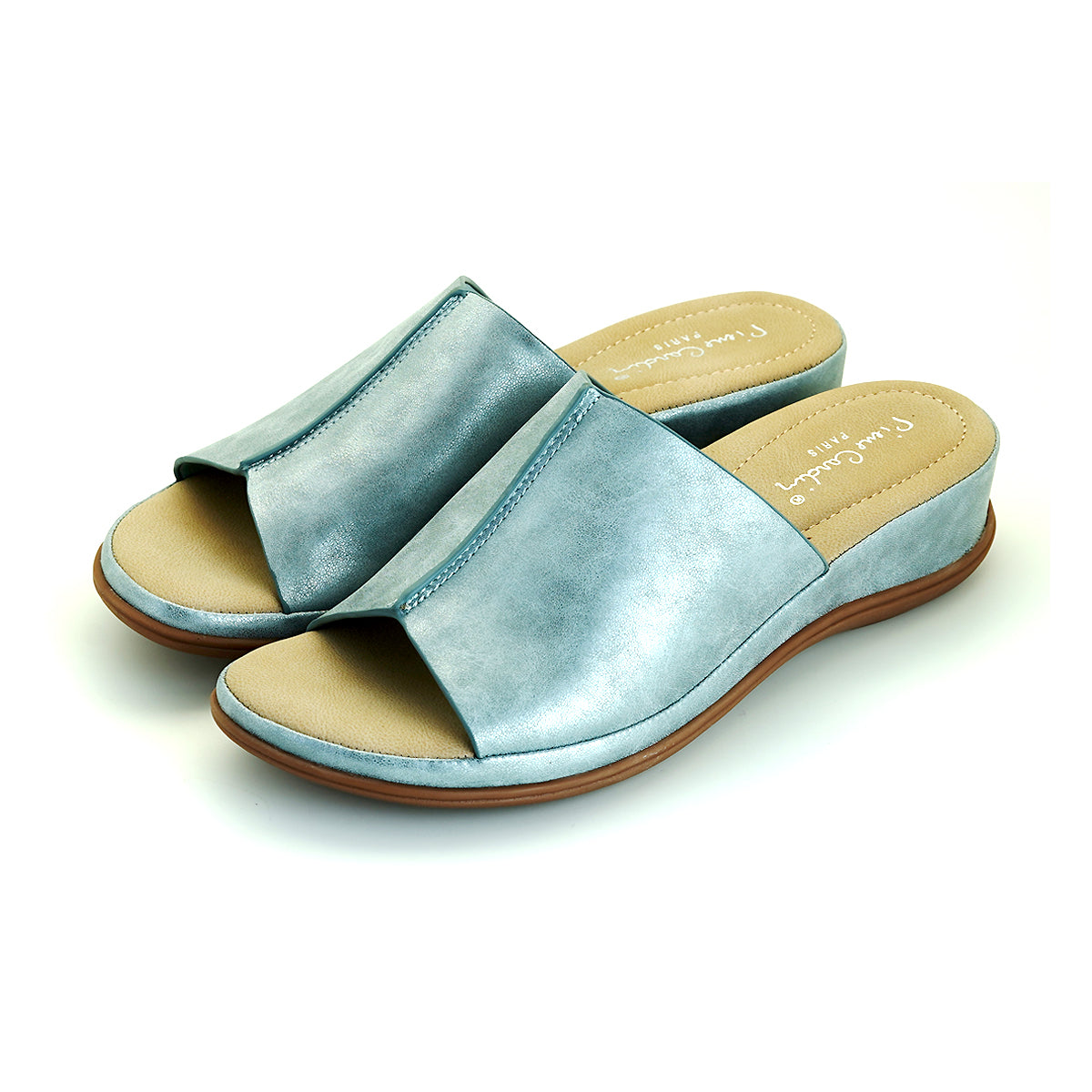 ស្បែកជើងនារី Pierre Cardin ស្បែកជើងប៉ាតាសុខភាព ទន់ស្រួលពាក់ ផលិតពីស្បែកសុទ្ធ ពណ៌ខៀវ ម៉ូដែល 53BS150