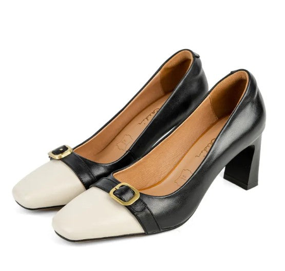 ស្បែកជើងនារី Pierre Cardin ស្បែកជើងកែងខ្ពស់ ទន់ស្រួលពាក់ ផលិតពីស្បែកសុទ្ធ ពណ៌ខ្មៅ ម៉ូដែល 52AD141 