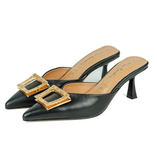 ស្បែកជើងនារី Pierre Cardin កែងជើងខ្ពស់ កែងជើងខ្ពស់ ទន់ស្រួលពាក់ ផលិតពីស្បែកសុទ្ធ ពណ៌ខ្មៅ ម៉ូដែល 52AD144 