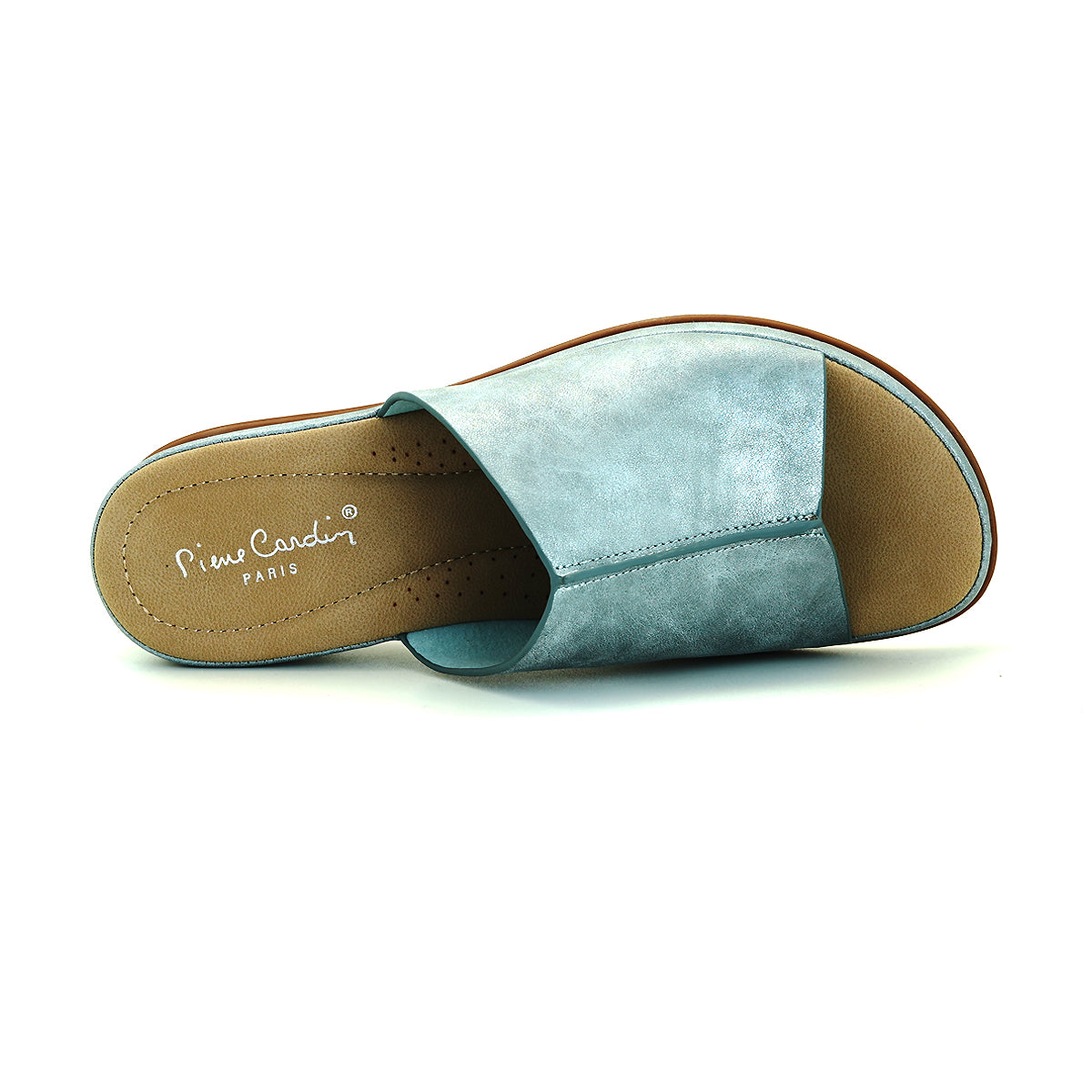 ស្បែកជើងនារី Pierre Cardin ស្បែកជើងប៉ាតាសុខភាព ទន់ស្រួលពាក់ ផលិតពីស្បែកសុទ្ធ ពណ៌ខៀវ ម៉ូដែល 53BS150 